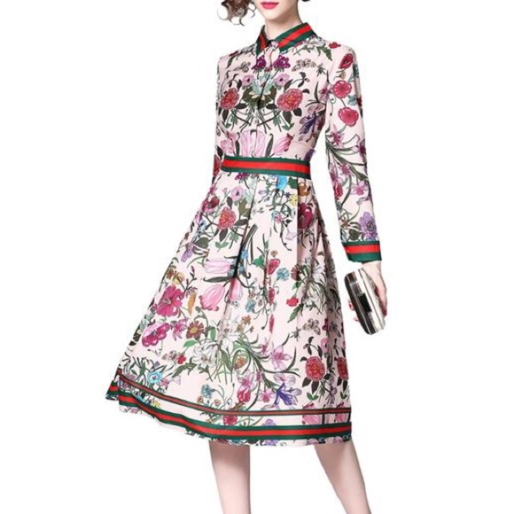 COPY - Diandian Didi Pink Green Red Floral Fit & Flare Shirt Dress Medium like …